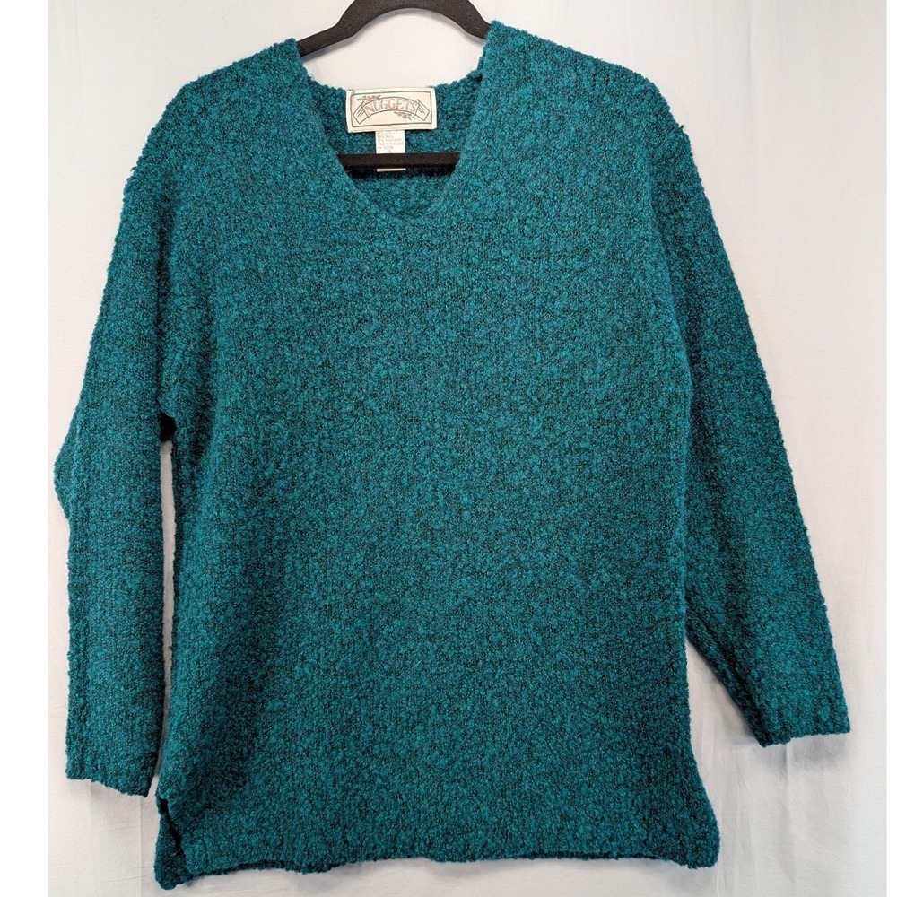 Nuggets Teal Textured V-Neck‎ Sweater L Long Sleeve Cozy Knit